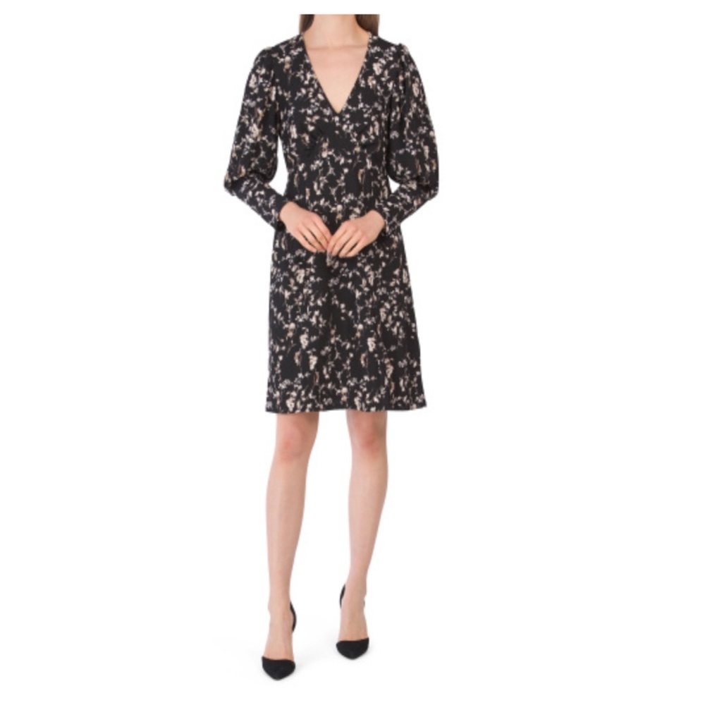 Emma & Michele - Women’s V-neck Floral Long Puff Sleeve Mini Dress